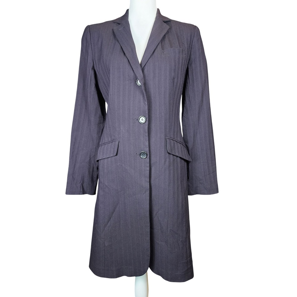 Max Studio Vintage 90s Y2K Long Herringbone Blazer Coat Womens 6 Black Office